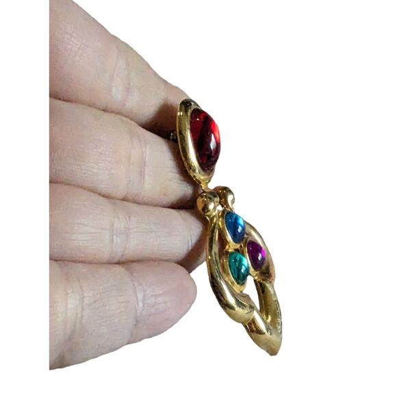 Vtg Gold Tone Gripoix Cabochon Drop Earrings purple green blue Red Colorful 80s - Picture 2 of 8
